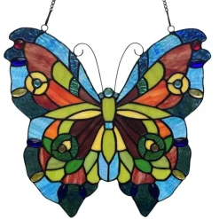 Blue or Colorful Butterfly Tiffany Style Stained Glass Window Hanging 12.5"