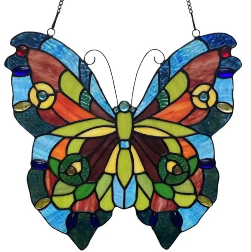 Blue or Colorful Butterfly Tiffany Style Stained Glass Window Hanging 12.5"