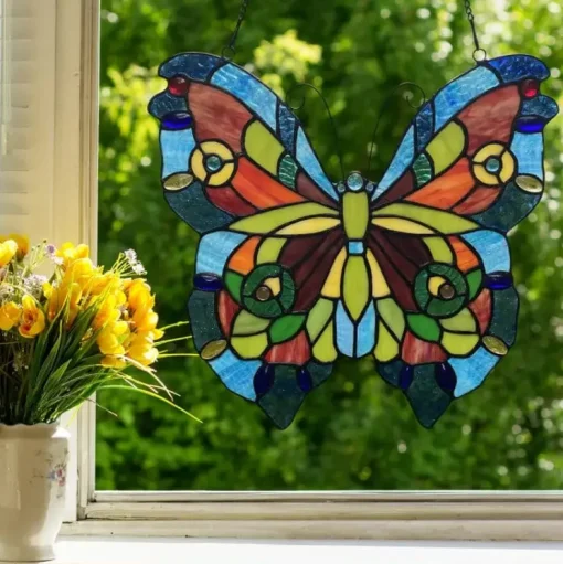 Blue or Colorful Butterfly Tiffany Style Stained Glass Window Hanging 12.5"