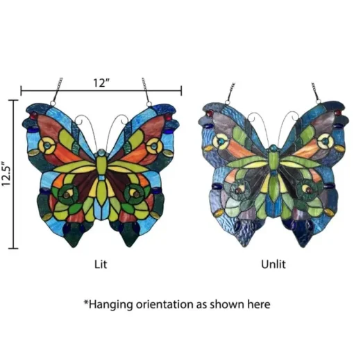 Blue or Colorful Butterfly Tiffany Style Stained Glass Window Hanging 12.5"