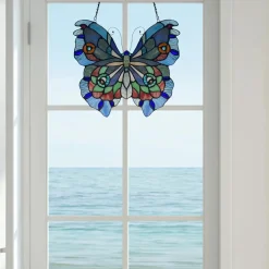 Blue or Colorful Butterfly Tiffany Style Stained Glass Window Hanging 12.5