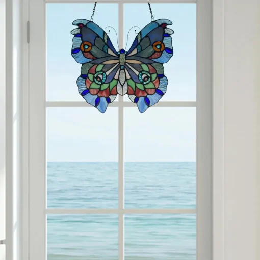 Blue or Colorful Butterfly Tiffany Style Stained Glass Window Hanging 12.5"