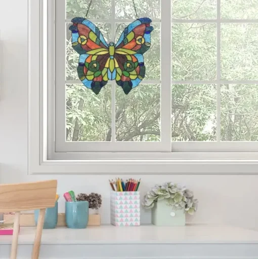 Blue or Colorful Butterfly Tiffany Style Stained Glass Window Hanging 12.5"