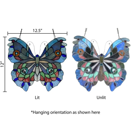 Blue or Colorful Butterfly Tiffany Style Stained Glass Window Hanging 12.5"