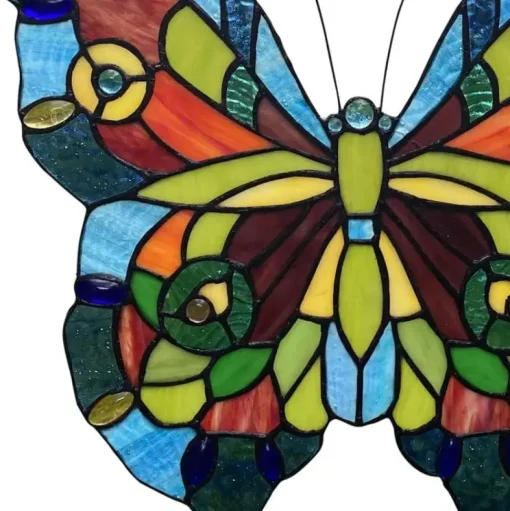 Blue or Colorful Butterfly Tiffany Style Stained Glass Window Hanging 12.5"