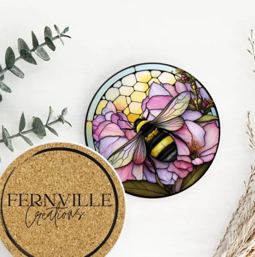 Bumble Bee Flower Stained Glass Ceramic Coasters