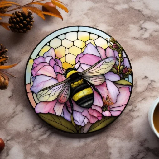 Bumble Bee Flower Stained Glass Ceramic Coasters