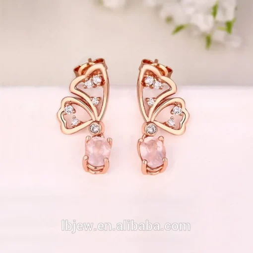 Butterfly Jewelry Sets Rose Quartz in Sterling SIlver, Rose Gold Plated Pink Beautiful