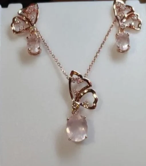 Butterfly Jewelry Sets Rose Quartz in Sterling SIlver, Rose Gold Plated Pink Beautiful
