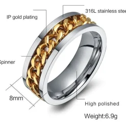 Chain Spinner Ring-Stainless Steel & Titanium Chain Spinner Inset in Gold, Silver or Black Color