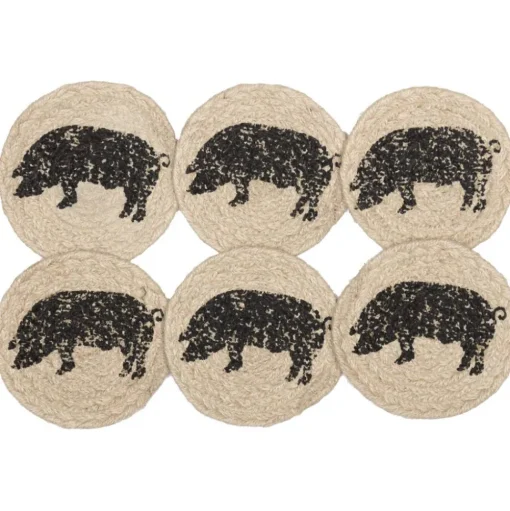 Cow or Pig Jute Country Coaster Sets of 6-Sawyer Mill