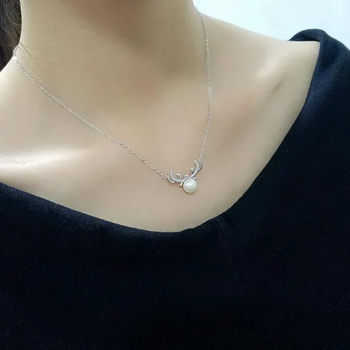 Deer Pearl Necklace and Earrings in 925 Sterling Silver