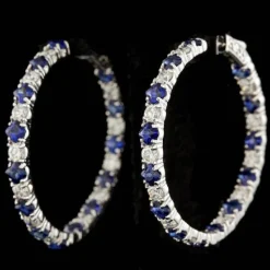 Diamond and Blue Sapphire Hoop Earrings in 14K White Gold, Made in the USA