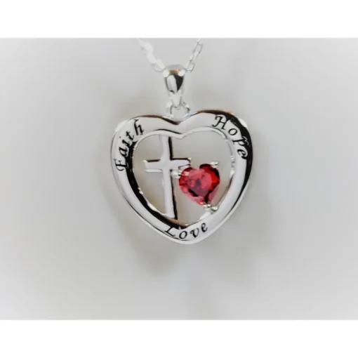 Faith, Hope and Love Sterling Silver Pendant with Red CZ Heart, Beautiful!