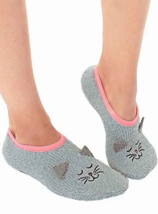 Grey Kitty Cat Fuzzy Footie Slipper Socks With Grips