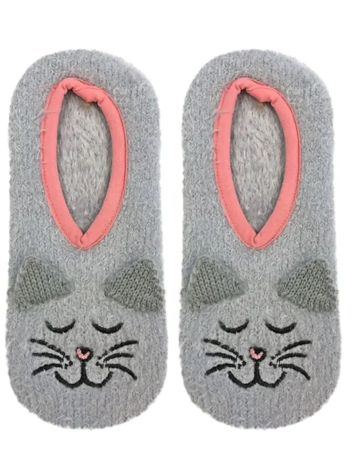 Grey Kitty Cat Fuzzy Footie Slipper Socks With Grips