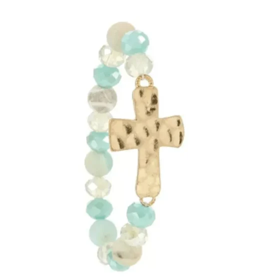 Hammered Cross Natural Stone Bracelets Stretch Variety