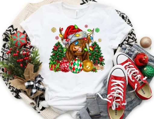 Highland Cow Christmas Holiday Tshirt-Made to Order