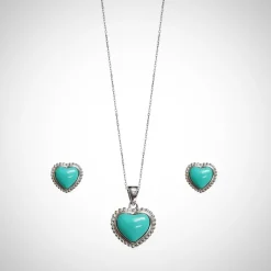 Jimmy Crystal Turquoise Heart Jewelry Set, Necklace & Earrings in Sterling Silver