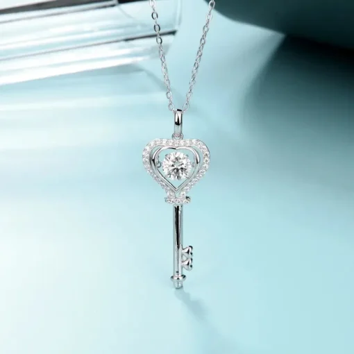 Key to My Heart Moissanite Diamond Necklace 925 Sterling Silver Rhodium Plated
