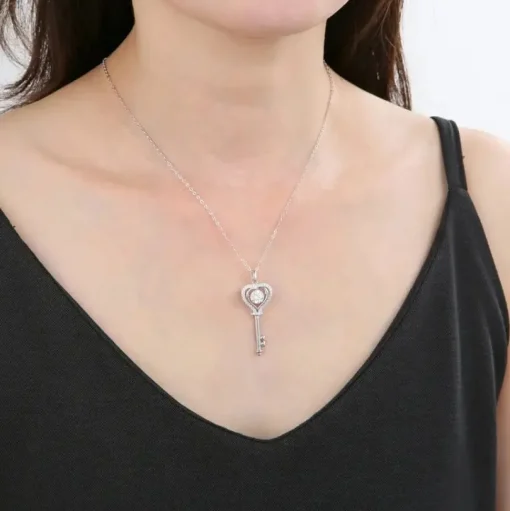 Key to My Heart Moissanite Diamond Necklace 925 Sterling Silver Rhodium Plated