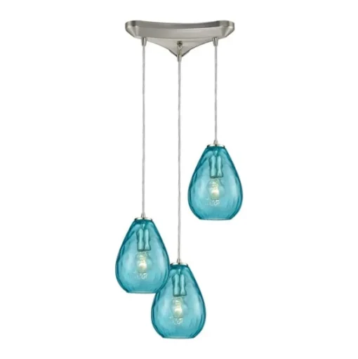 Lagoon 3-Light Triangular Pendant Light Fixture with Aqua Water Glass Hand-blown