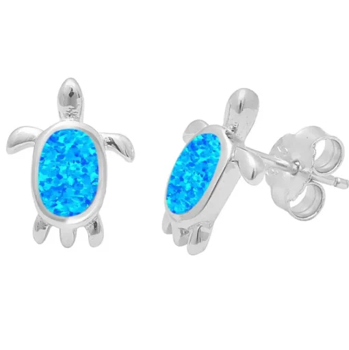 Larimar or Blue Created Opal Turtle Post Earrings Sterling Silver