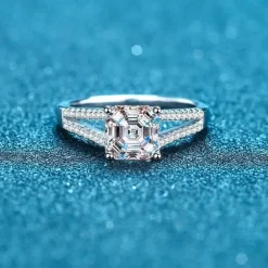 Luxury Asscher Cut 2ctw Moissanite Ring 18K Gold Plated 925 Sterling Silver Wedding Jewelry