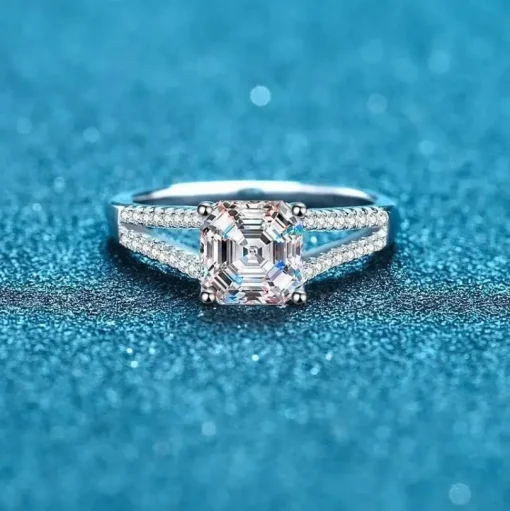 Luxury Asscher Cut 2ctw Moissanite Ring 18K Gold Plated 925 Sterling Silver Wedding Jewelry