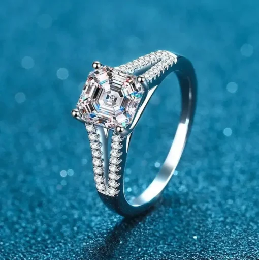 Luxury Asscher Cut 2ctw Moissanite Ring 18K Gold Plated 925 Sterling Silver Wedding Jewelry