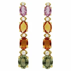 Multi Colored Sapphire & Diamond Rain Drop Earrings 14K Yellow Gold
