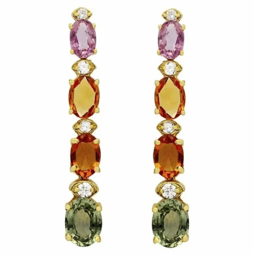 Multi Colored Sapphire & Diamond Rain Drop Earrings 14K Yellow Gold