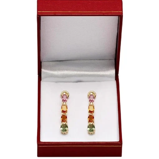 Multi Colored Sapphire & Diamond Rain Drop Earrings 14K Yellow Gold