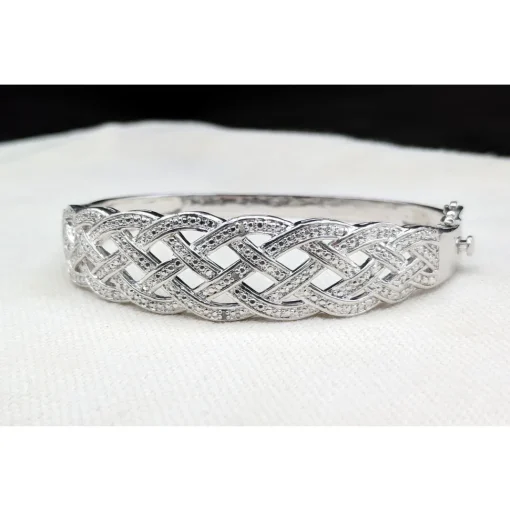 Natural Diamond Basket Weave Gold Plated Bangle Bracelet with REAL Diamonds! Very Affordable!