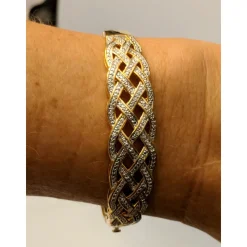 Natural Diamond Basket Weave Gold Plated Bangle Bracelet with REAL Diamonds! Very Affordable!