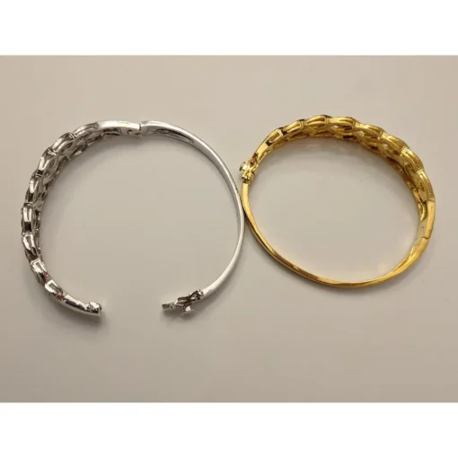 Natural Diamond Basket Weave Gold Plated Bangle Bracelet with REAL Diamonds! Very Affordable!