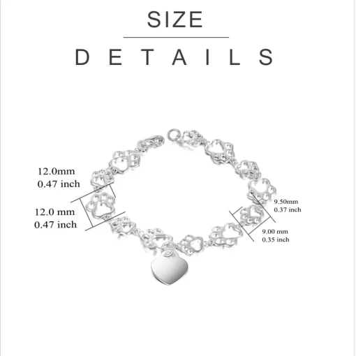 Pet Paw Bracelet with Heart Sterling Silver, Engraveable
