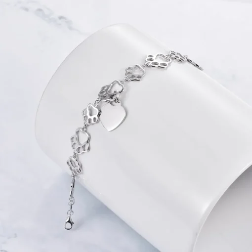 Pet Paw Bracelet with Heart Sterling Silver, Engraveable