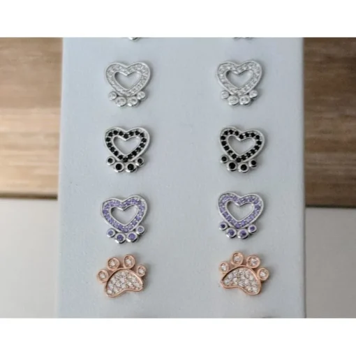 Pet Paw Earrings with Sparkling Cubic Zirconia in Solid Sterling Silver, Beautiful!