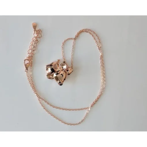 Pig Necklace with Cut Out Heart Rose, Yellow or White Gold Plated Sterling Silver