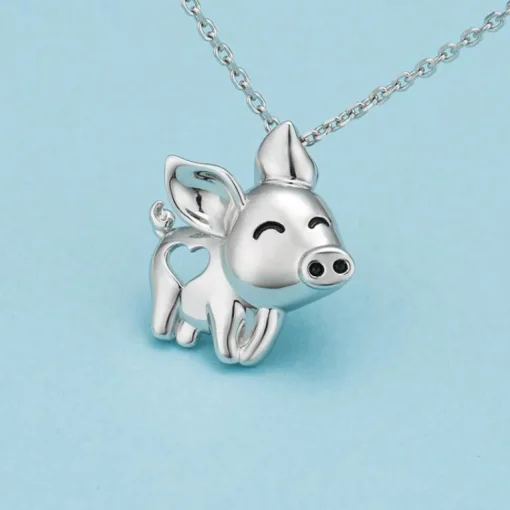 Pig Necklace with Cut Out Heart Rose, Yellow or White Gold Plated Sterling Silver