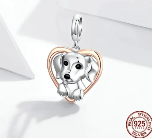 Puppies in Hearts Charms/Pendants Sterling Silver Fits Pandora Style Bracelets