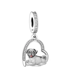 Puppies in Hearts Charms/Pendants Sterling Silver Fits Pandora Style Bracelets