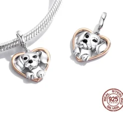 Puppies in Hearts Charms/Pendants Sterling Silver Fits Pandora Style Bracelets