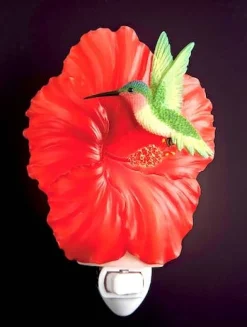 Ruby Red Hibiscus and Hummingbird Night Light-Handpainted by Ibis and Orchid