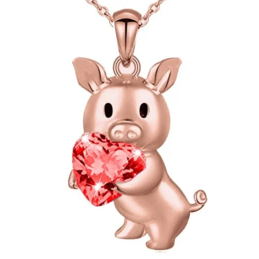 SALE! Pig with Red CZ Heart Necklace, Sterling Silver