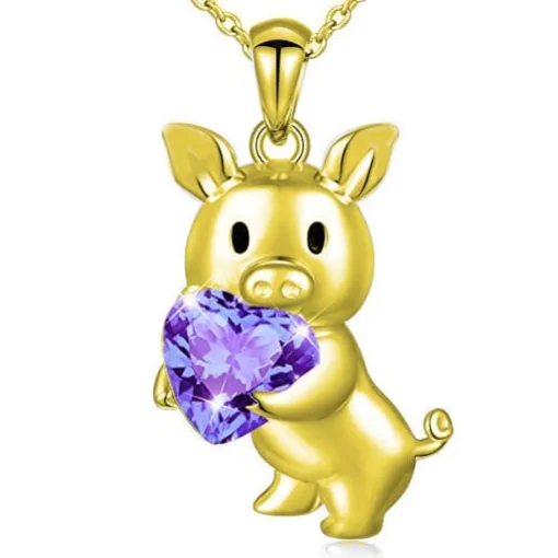 SALE! Pig with Red CZ Heart Necklace, Sterling Silver