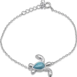 Single Turtle Larimar Sterling Silver Chain Bracelet 7"