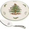 Spode Christmas Tree Porcelain Cake Plate with Stainless Steel Metal Server