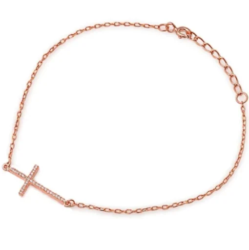 Sterling Silver Cross Bracelets with CZ, Rhodium, Rose or Yellow Gold Plated One or Two Strands 7"